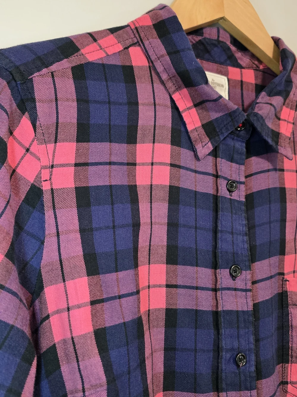 Women’s Pink and Navy Plaid Button-Up Shirt Boyfriend Style Lightweight.